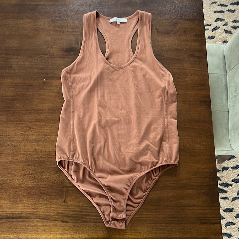 Tibi Scoop Neck T-Shirt Racerback Bodysuit in sienna.